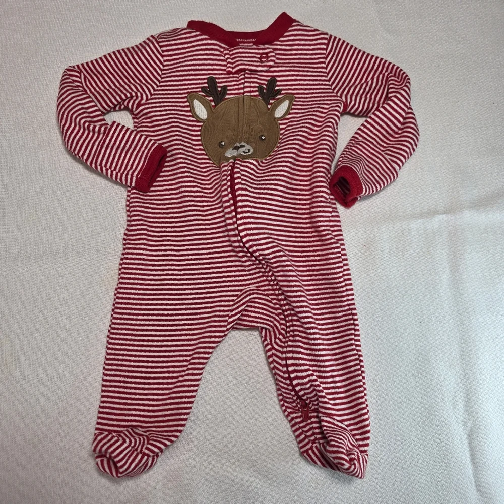 Carter's Striped Red White Brown Reindeer One Piece Christmas Sleeper 3 Mo EUC
